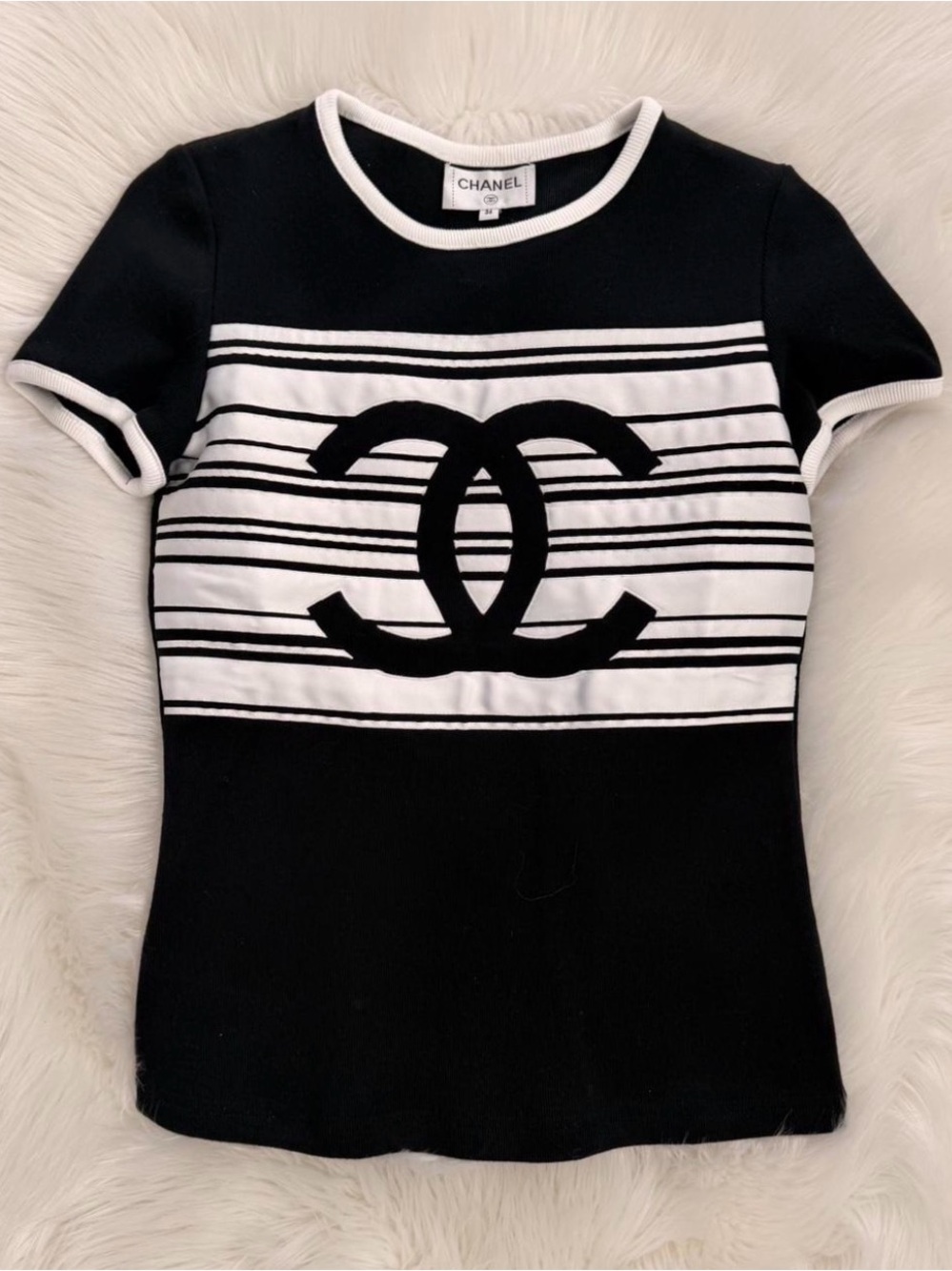 CHANEL Black and White Logo Trim Knit Top